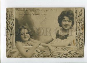3087416 Charming GIRLS in Window Vintage PHOTO 1906 year RPPC