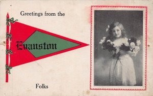 EVANSTON WYOMING~GREETINGS-YOUNG GIRL WITH FLOWERS~1913 PENNANT POSTCARD