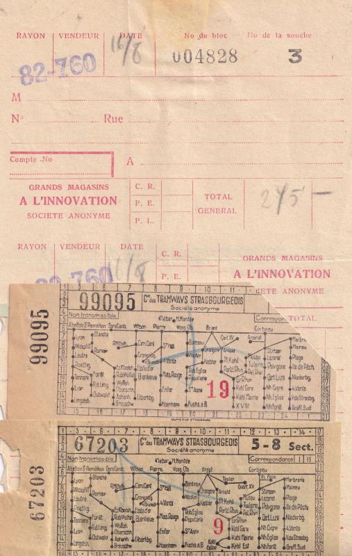 Strasbourg 3x Travel Tram 1950s & Hotel Tickets Receipt