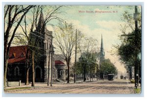 1913 Streetcar Trolley Main Street Binghamton New York NY Antique Postcard