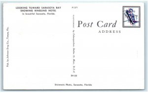 SARASOTA, FL  ~ Elevated STREET SCENE & Ringling Hotel c1950s Cars  Postcard