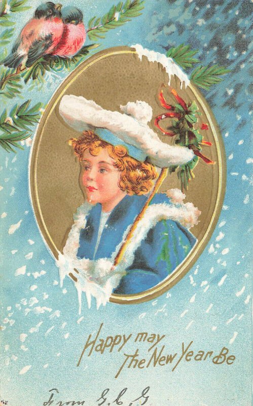 Happy May The New Year Be Young Girl Birds Embossed Postcard