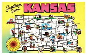 Postcard Map KS - Kansas State Mapcard - sunflower