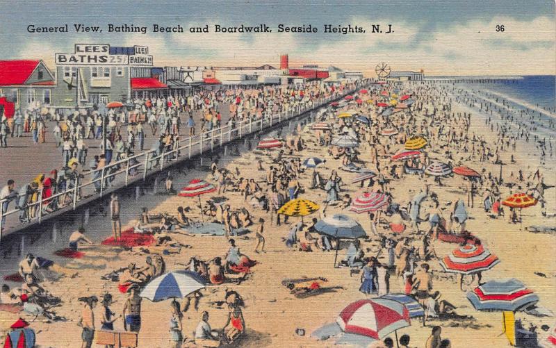 General View, Beach & Boardwalk, Seaside Heights, N.J., Early Postcard, Unused