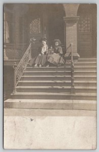 RPPC Two Lovely Women with Puppy Dog on Steps 1908 Postcard I25