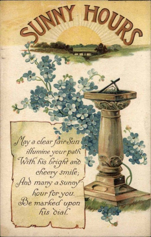 Sunny Hours Poem Verse Stone Sun Dial Sundial c1910 Vintage Postcard
