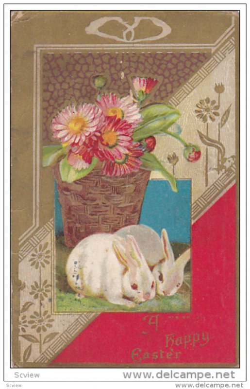 A Happy Easter, Two white rabbits, Wicker basket with pink and red flowers, G...