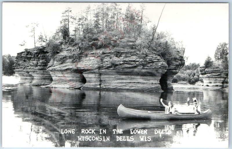 c1940s Wisconsin Dells, WI River Lone Rock Canoe Indian Native Americans PC A204