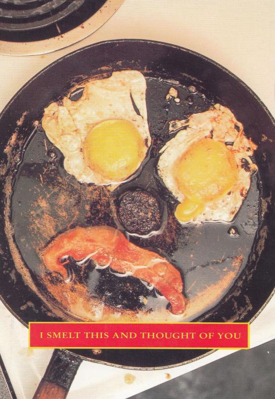 Ugly Face In Frying Pan Eggs As Eyes Bacon Mouth Comic Postcard