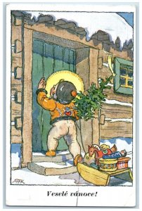 c1910's Christmas Boy Knocking Door With Toys Czech Republic Antique Postcard