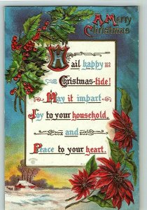 1907-15 Sander Christmas Holly Postcard Embossed Merry Quote Poinsettias Vintage 