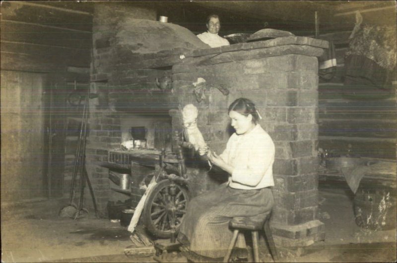 Kitchen Brick Fireplace Women Working Spinning Wheel Labor Real Photo Postcard