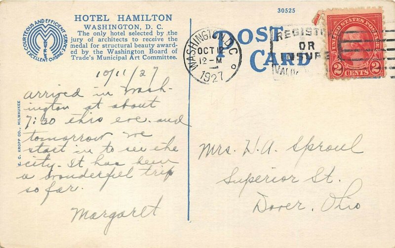 Washington DC 1925 Postcard Hotel Hamilton at 14th & K Sts