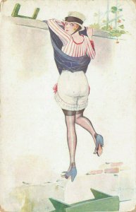 L. Peltier Artist Beautiful Woman Caught On The Wall! Postcard