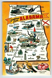 Postcard Greetings From Alabama Map Chrome Camillia State Flower Yellowhammer