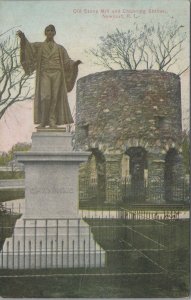 Postcard Old Stone Mill and Channing Statue Newport RI Rhode Island