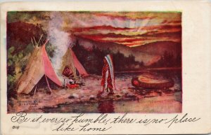 Indigenous Man Woman Teepee Canoe Native American c1904 HH Tammen Postcard G31