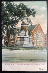 Vintage Postcard 1907 Civil War Statue & Plymouth (Bethesda) Church, Utica, NY