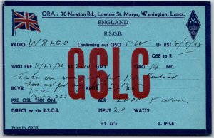 Radio Card G6LC Warrington Lancs England QSO CW R.S.G.B. Posted Postcard