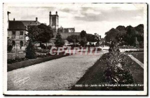 Troyes Old Postcard Garden of the Prefecture and cathedral St Pierre