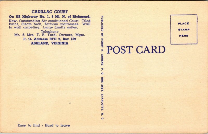 Vtg 1930s Cadillac Court Motel US 1 Ashland Virginia VA Unused Linen Postcard