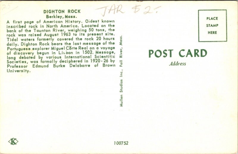 Dighton Rock Berkley Massachusetts MA Postcard VTG UNP Koppel Vintage Unused 