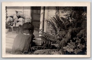 RPPC Lovely Old Woman on Porch With Sweet Cat and her Plants Postcard B30