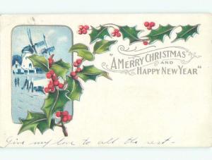 Pre-Linen christmas TWO WINDMILLS WITH HOLLY AND BERRIES k1516