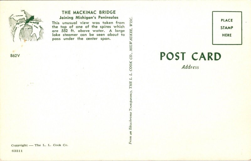 Mackinac Bridge Joining Michigan Peninsulas Unusual View Great Lake Postcard