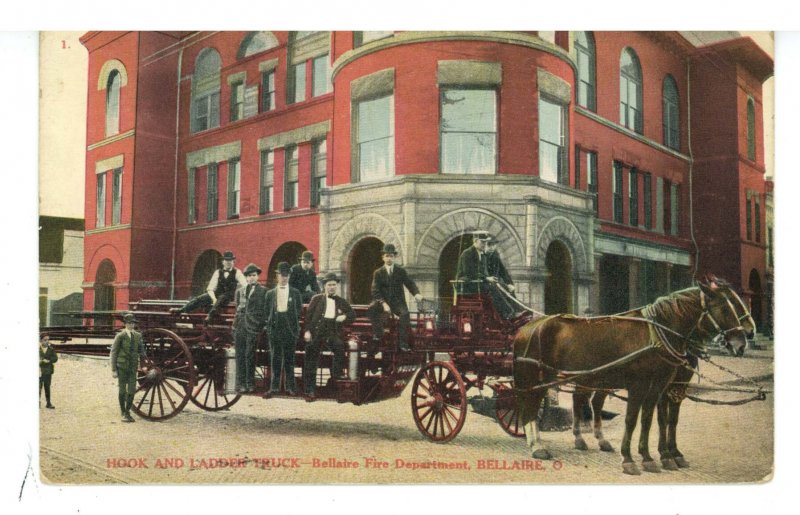 OH - Bellaire. Bellaire Fire Dept. Hook & Ladder Wagon & Team ca 1909