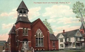 Vintage Postcard First Baptist Church And Parsonage Watkins New York TBNC Pub.