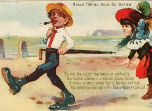 1880 - 1890 Boy Cigar Girl Hat Beals Torrey Shoe Co Series 6 Victorian Tradecard 