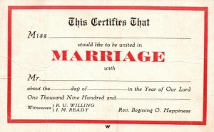 Vintage Postcard 1910's Certificates That Would Like to be United in Marriage