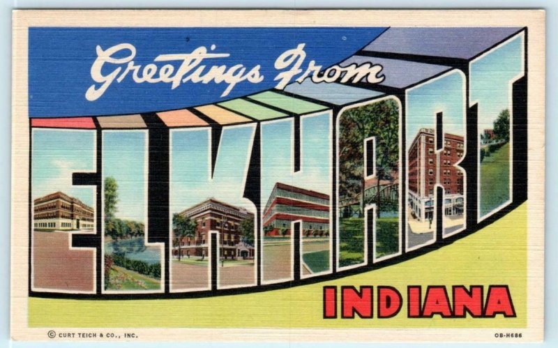 Large Letter Linen ELKHART, INDIANA  IN ~ Curteich ca 1940s  Postcard 