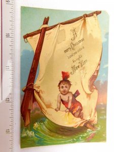 Early Native American Indian Boy Sunset Sail New Years Victorian Card F46