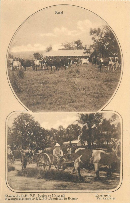 Postcard Belgian Congo colonial missions multi view kraal charette par karretje