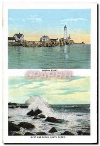 Old Postcard Boston Light Surf And Rocks South Shore Public Library Library L...