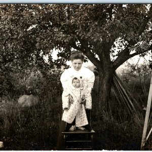 c1910s Mother & Adorable Toddler in Hooded Coat RPPC Nature Joy Real Photo A142