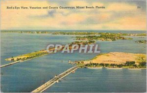 'Postcard Old Bird''s Eye View Venetian and County Causeways Miami Beach Flor...