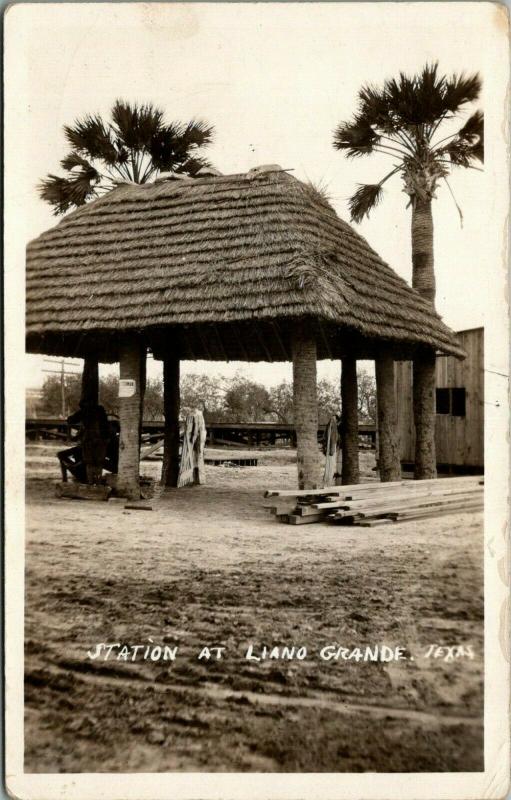 Llano Grande Texas~Railroad Depot~Grass Hut Station~US Troops~Weslaco~c1916 RPPC