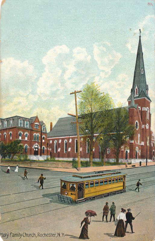 Trolley at Holy Family Church, Rochester, New York - pm 1907 - DB