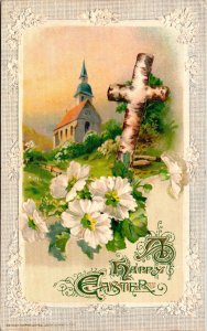 Vintage John Winsch Wood Cross, Church, Daisies, Flowers,Antique Easter Postcard