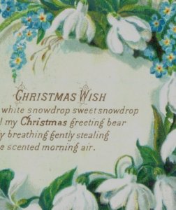 1880s-90s Embossed Victorian Christmas Card Poem Snowdrop Flowers F148