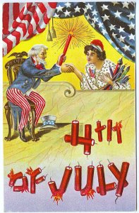 July 4th Uncle Sam & Woman Shaking Hands Firecrackers Flag Bunting Postcard