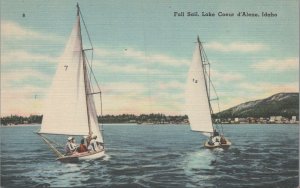 Postcard Full Sail  Lake Coeur d'Alene Idaho ID