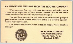 Postcard Roselle Park New Jersey c1952 Hoover Company Service Serviceman Note