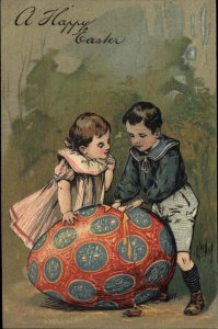 Easter Children Fancy Boy & Girl Giant Painted Egg Embossed c1900s-10s Postcard