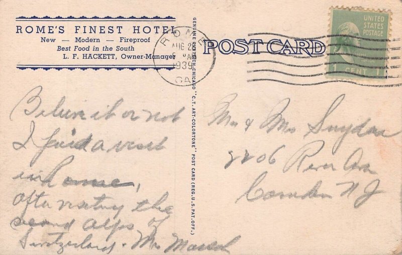 ROME GEORGIA~HOTEL GENERAL FORREST-ROME'S FINEST-ROTARY MEETS~1939 POSTCARD 