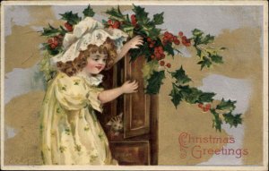 Winsch Christmas Little Girl Finds Kitten in Cupboard c1910 Vintage Postcard