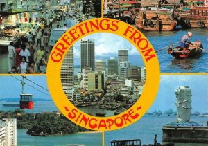 Greetings From SINGAPORE  Market~Boat~Aerial Tram  1982 OVERSIZE 4x6 Postcard